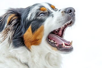 A charming close-up of a young Australian Shepherd dog sticking out its tongue, set against a white background. The stunning adult Aussie looks up, away from the viewer