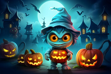 Fototapeta premium Cute Halloween Spooky Character Holding Pumpkins In Dark Night