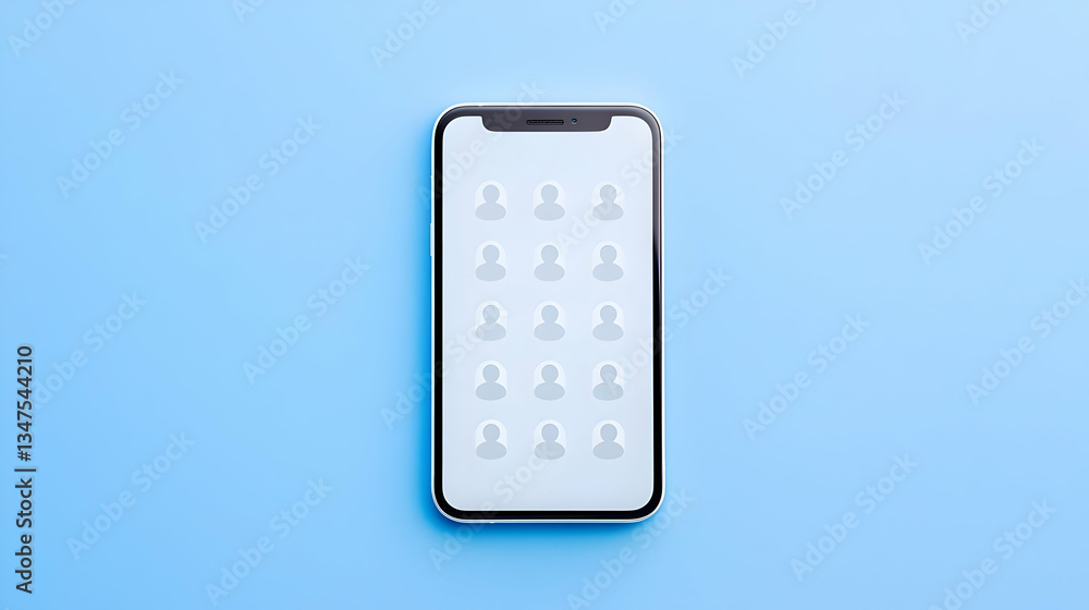 Poster smartphone displaying user profile icons on light blue background isolated with modern design