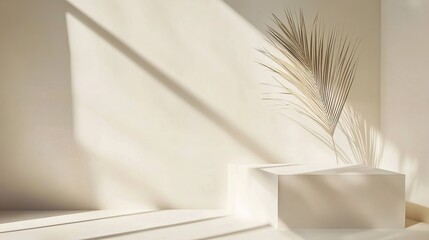 Minimalist interior design with sunlit palm leaf casting shadows. Background design template. Design for prints, poster, cover, wall arts and home decoration