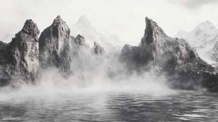 Impressive jagged peaks of mountains dominate a foggy water landscape