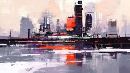 An abstract painting of a cityscape reflecting on water