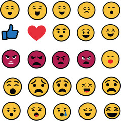 Mixed emoji vector icon set. Colorful emoticons with happy, smiley, sad, angry and love reactions. Social media icons pack