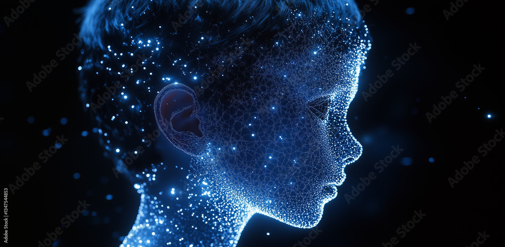 Poster digital wireframe hologram of boy head glows with blue light, creating futuristic and ethereal effec