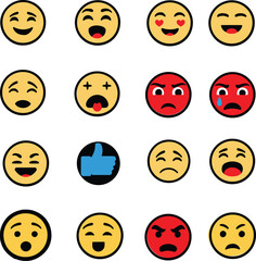 Fototapeta premium Mixed emoji vector icon set. Colorful emoticons with happy, smiley, sad, angry and love reactions. Social media icons pack