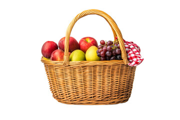 Picnic basket full of fruit and checkered cloth, cut out transparent
