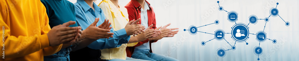 Poster a diverse group of individuals applauding in a conference setting, surrounded by icons illustrating 