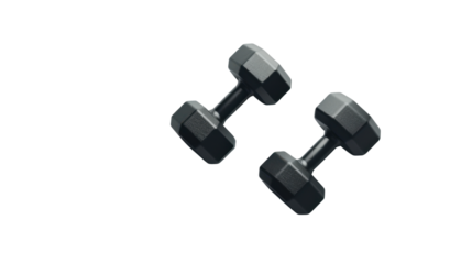 Two black dumbbells rotating on transparent background for fitness training