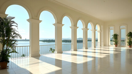 Fototapeta premium Spacious White Interior Hall With Arched Windows Overlooking Blue Lake And Clear Sky In Sunny Day