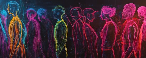 Neon chalk outlines figures on a blackboard