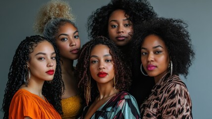Obraz premium Five women stand closely together, displaying unique hairstyles and vibrant outfits against a neutral backdrop in a studio