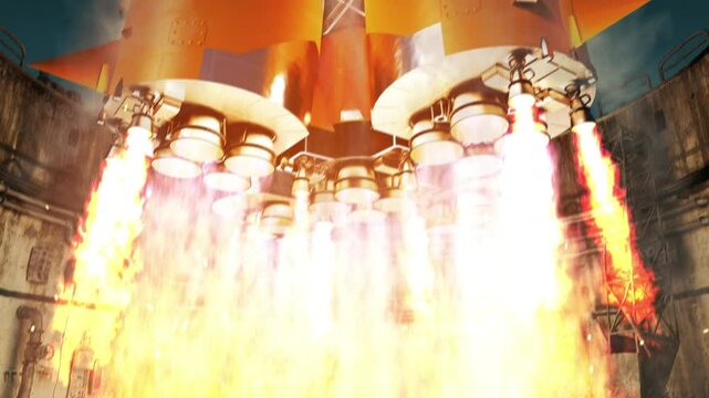 Close-up of the launch vehicle's rocket engines igniting before takeoff. 3d animation. 4k.