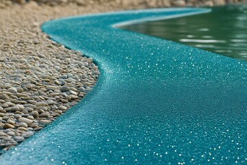 Turquoise water feature curves along pebble shore.