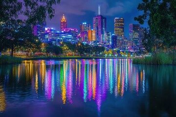 Neon city skyline reflecting on a calm river at night