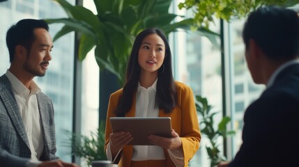 Diverse business team in a modern office, engaged in a productive meeting with data presentation on a tablet, collaborative and professional atmosphere