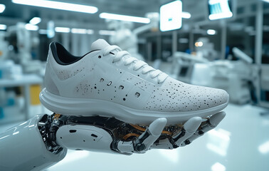 robotic hand holds sleek white running shoe in futuristic laboratory setting, showcasing advanced technology and design