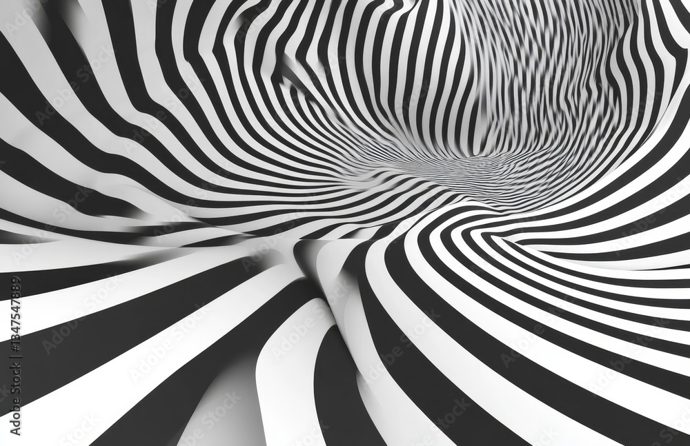 Poster the background features an optical illusion with a white and black pattern, characterized as abstrac