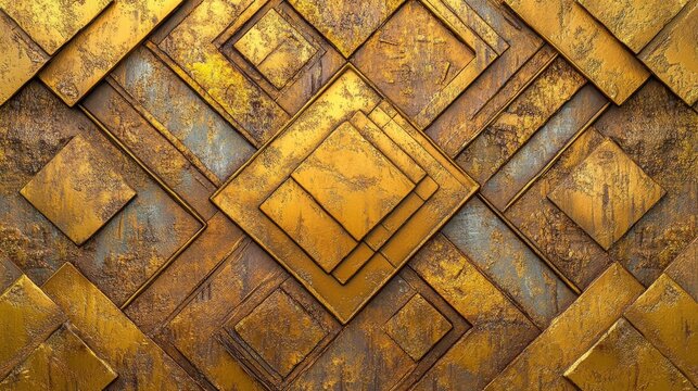 Gold and luxurious wallpaper with 3D triangular tiles and polished blocks create a unique wall background, as depicted in a 3D render