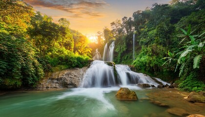 Obraz premium serene tropical waterfall with lush greenery at sunrise