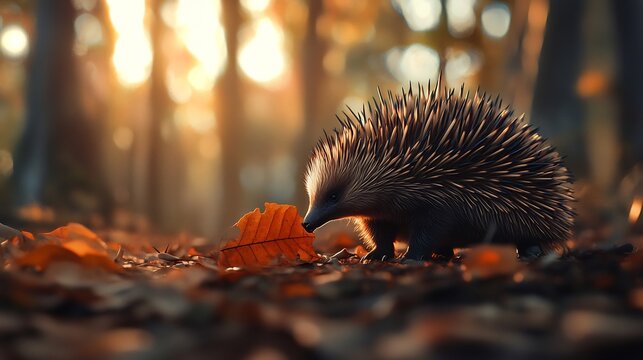 Echidna sniffing curiously fallen gum leaf delicate interaction with nature framed by warm earthy tones A shallow depth of field isolates the subject while maintaining a soft immersive forest ambiance