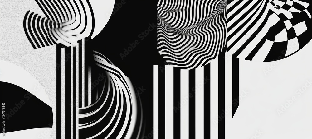 Poster the design features a white and black color scheme, a linear background, various design elements, an