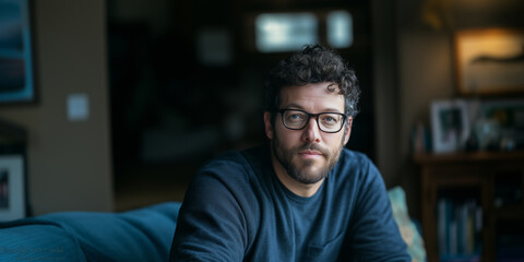 Obraz premium man with glasses sits on blue sofa in dimly lit room, looking contemplative. background is softly blurred, with framed pictures and lamp visible, creating cozy atmosphere