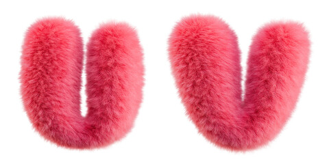 Pink Fur U-V letters. Isolated on transparent background