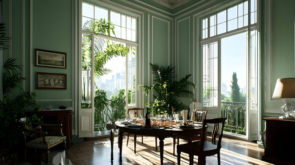 Pixel Art Luxurious Dining Room With Green Walls And Garden View
