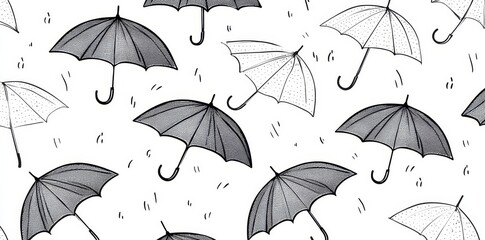 Obraz premium Cartoon umbrella pattern featuring rain, presented in a seamless and isolated design on a white and black background for wallpaper or tile repeat