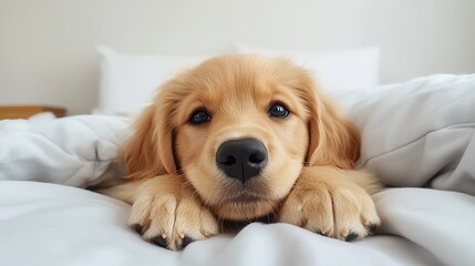 National Pet Day, Adorable Golden Retriever Puppy Resting Comfortably in Bed Fluffy Paws Sweet Face