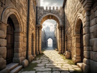 Medieval stone passageway leading to a castle.