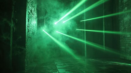 Neon green laser beams in a smoky dark room