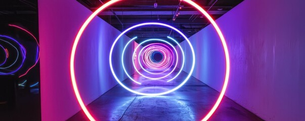 Neon glowing circles intersecting in an art installation