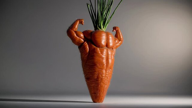 Zanahoria fuerte flexionando en animaci&oacute;n 3D, concepto de energ&iacute;a y nutrici&oacute;n saludable, ideal para campa&ntilde;as de alimentos y fitness