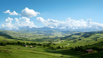 Scenic Mountain Valley Landscape With Green Fields And Houses