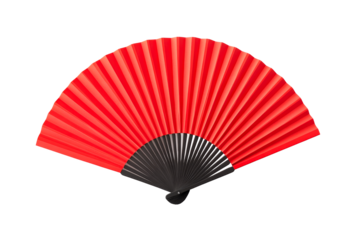 Opened red fan with black handle, paper material, cut out transparent