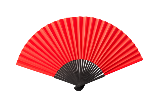 Opened red fan with black handle, paper material, cut out transparent