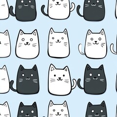 Obraz premium cute cat blue vintage seamless pattern funny face white black contour illustration for paper wallpaper cloth modern