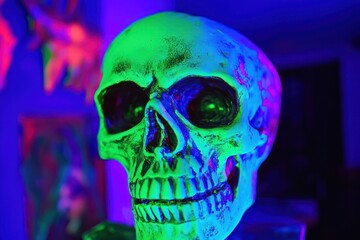 Neon green skull in a themed haunted house