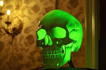 Neon green skull in a themed haunted house