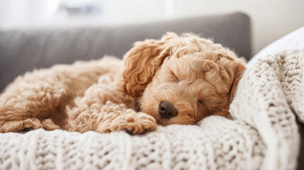 A cute puppy peacefully sleeping on a cozy bed, surrounded by soft blankets, with its fur looking fluffy and relaxed.
