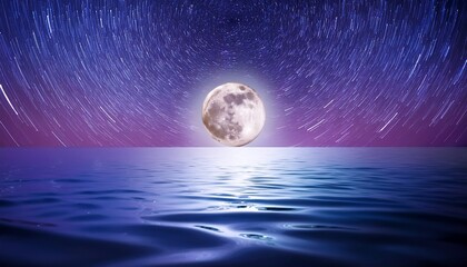 moon on lilac blue starry night at sea water wave reflection milky way