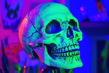 Neon green skull in a themed haunted house