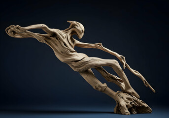 Obraz premium Abstract Figure Carved From Driftwood Against a Dark Background