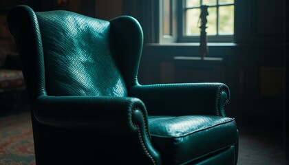 Obraz premium An ancient, worn leather armchair sits in a dimly lit mystical library, its serpent-skin upholstery shimmering with iridescent scales in emerald hues that gradate into midnight blackness.