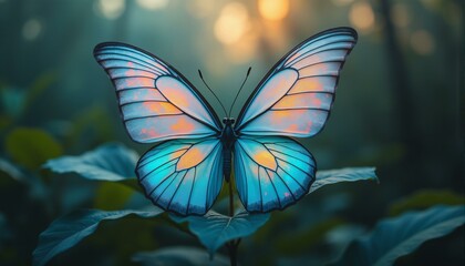 A delicate, iridescent butterfly's wings unfold in a misty jungle glade amidst lush foliage.