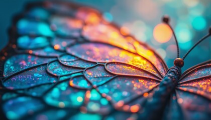 Iridescent butterfly wing pattern on a surface with delicate veins and shimmering colors in a soft focus gradient.