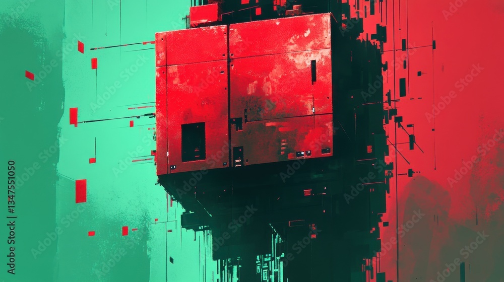 Wall mural abstract illustration showing a red geometric structure and varied background