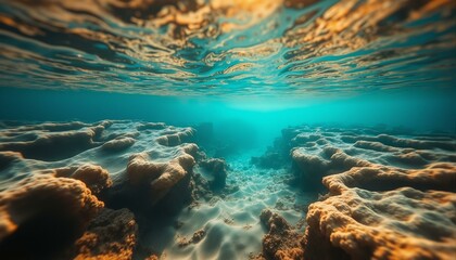 Fototapeta premium Coral reef landscape with intricate crevices, turquoise water, golden light, sun-bleached limestone, undulating waves, ocean floor.