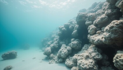 Fototapeta premium Close-up shot of rugged coral reef texture featuring fractured limestone formations, wispy sea fans, and soft gradient hues of turquoise, sandy beige, and misty aqua.